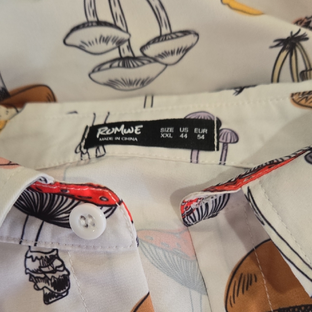 ROMWE White Mushroom Print Button-Down Shirt with Brown & Pink Accents